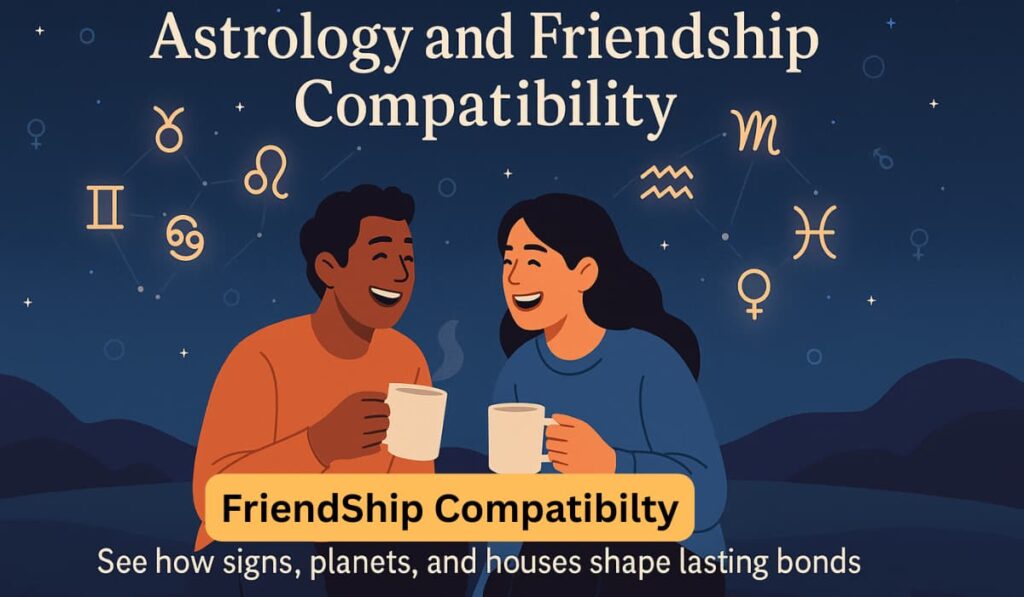 Friends under a starry sky surrounded by zodiac and planet symbols showing astrology in friendships.