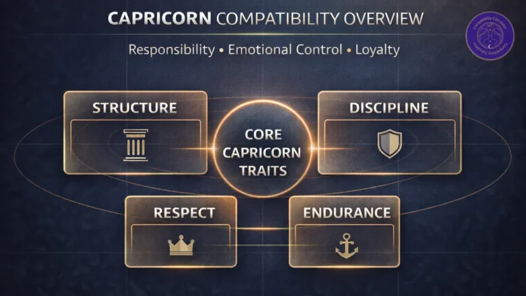 Capricorn compatibility traits breakdown showing emotional style, endurance, boundaries, and relationship patterns across signs.