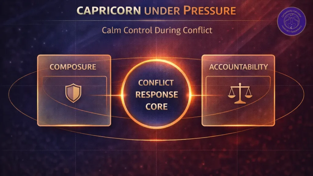 Capricorn compatibility shaped by calm conflict handling, guarded emotion, patience, and practical trust building.
