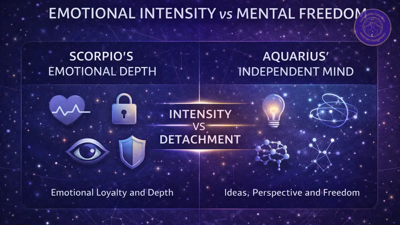 Scorpio and Aquarius comparing intensity, detachment, jealousy, silence, and very different ways of handling closeness.