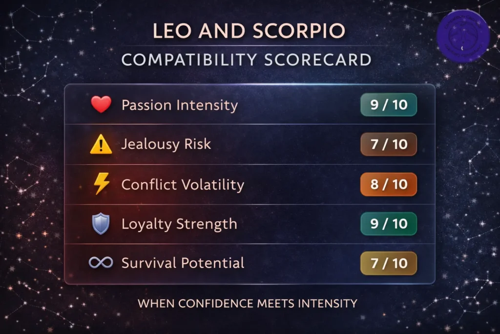 Leo and Scorpio compatibility scorecard summarizing trust, passion, conflict, and long term potential