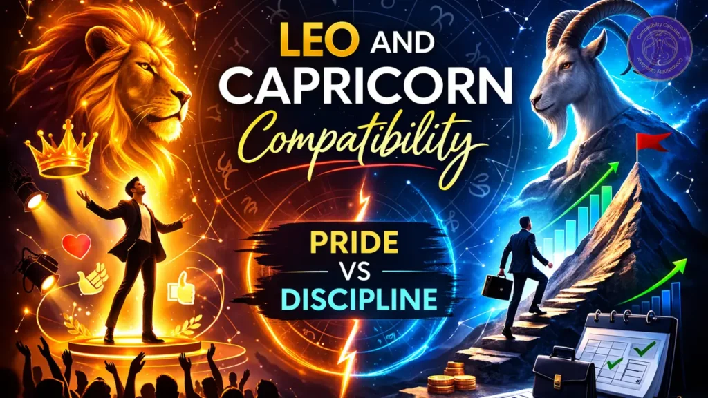 Leo and Capricorn compatibility breakdown showing respect, emotional timing, work pressure, pride, and relationship repair.