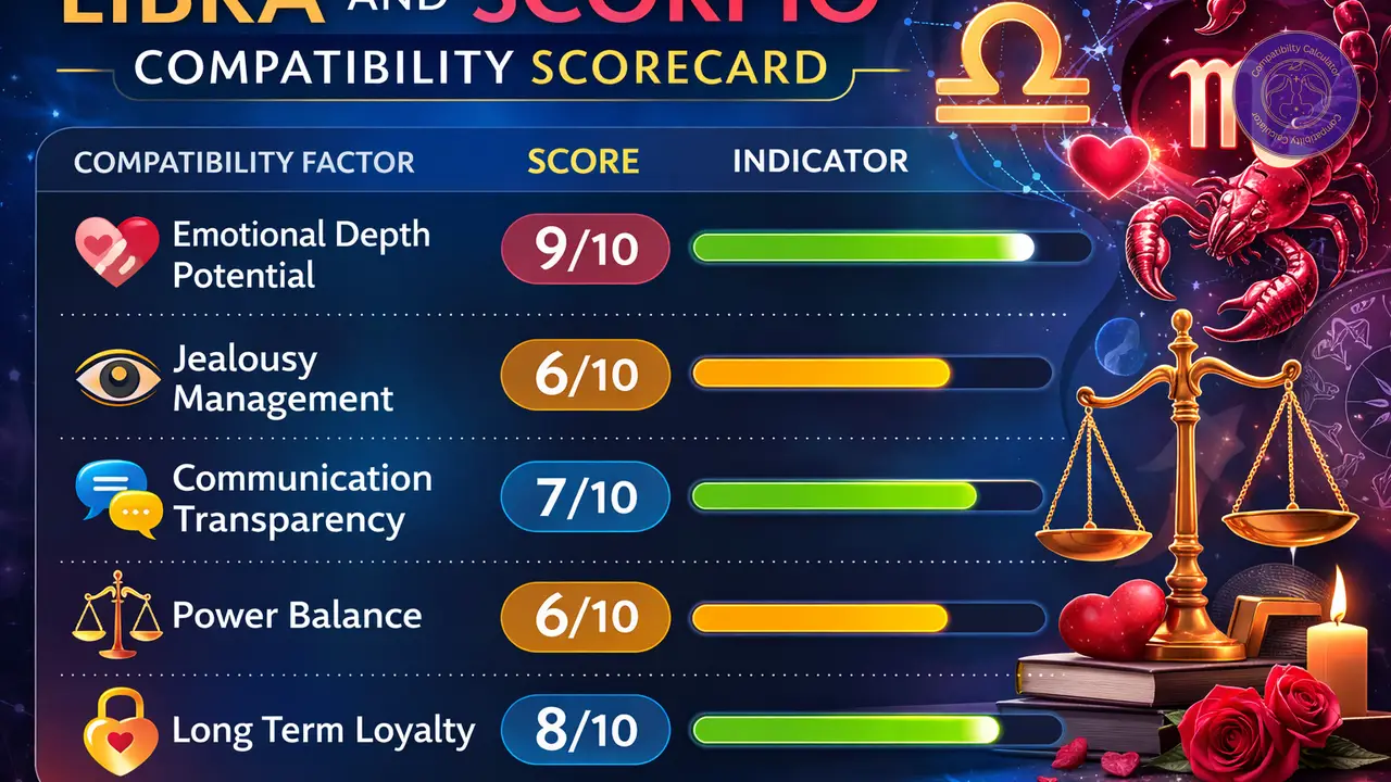 Libra and Scorpio compatibility scorecard showing emotional depth, jealousy patterns, communication, power balance, and loyalty.