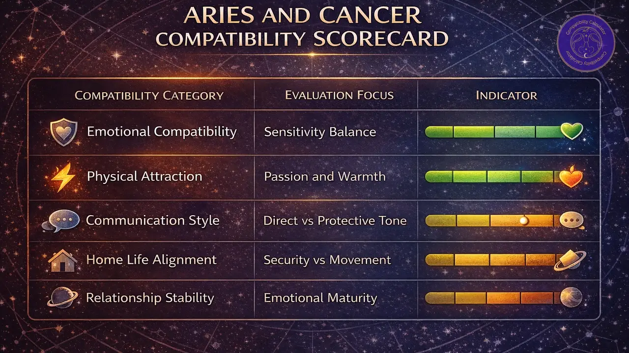 Aries and Cancer compatibility chart showing emotional safety, conflict patterns, and long term potential