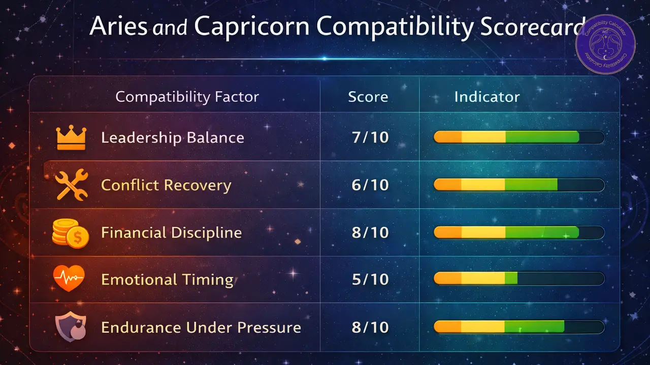 Aries and Capricorn compatibility chart showing leadership balance, conflict recovery, money discipline, emotional timing, and endurance.