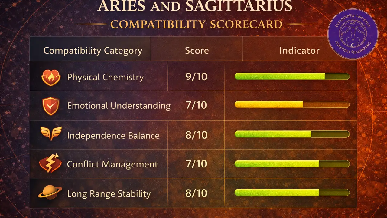 Aries and Sagittarius compatibility chart showing chemistry, independence, conflict heat, emotional honesty, and stability.