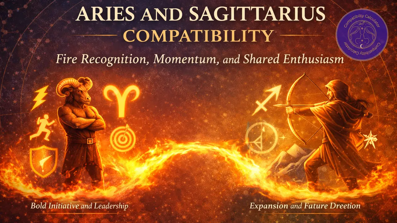 Aries and Sagittarius compatibility shaped by fire, momentum, confidence, freedom, and instant attraction.