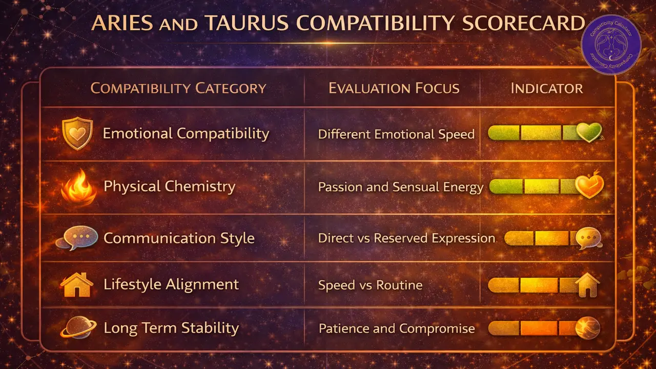 Aries and Taurus compatibility chart showing attraction, emotional safety, conflict patterns, daily routine, and long term endurance.