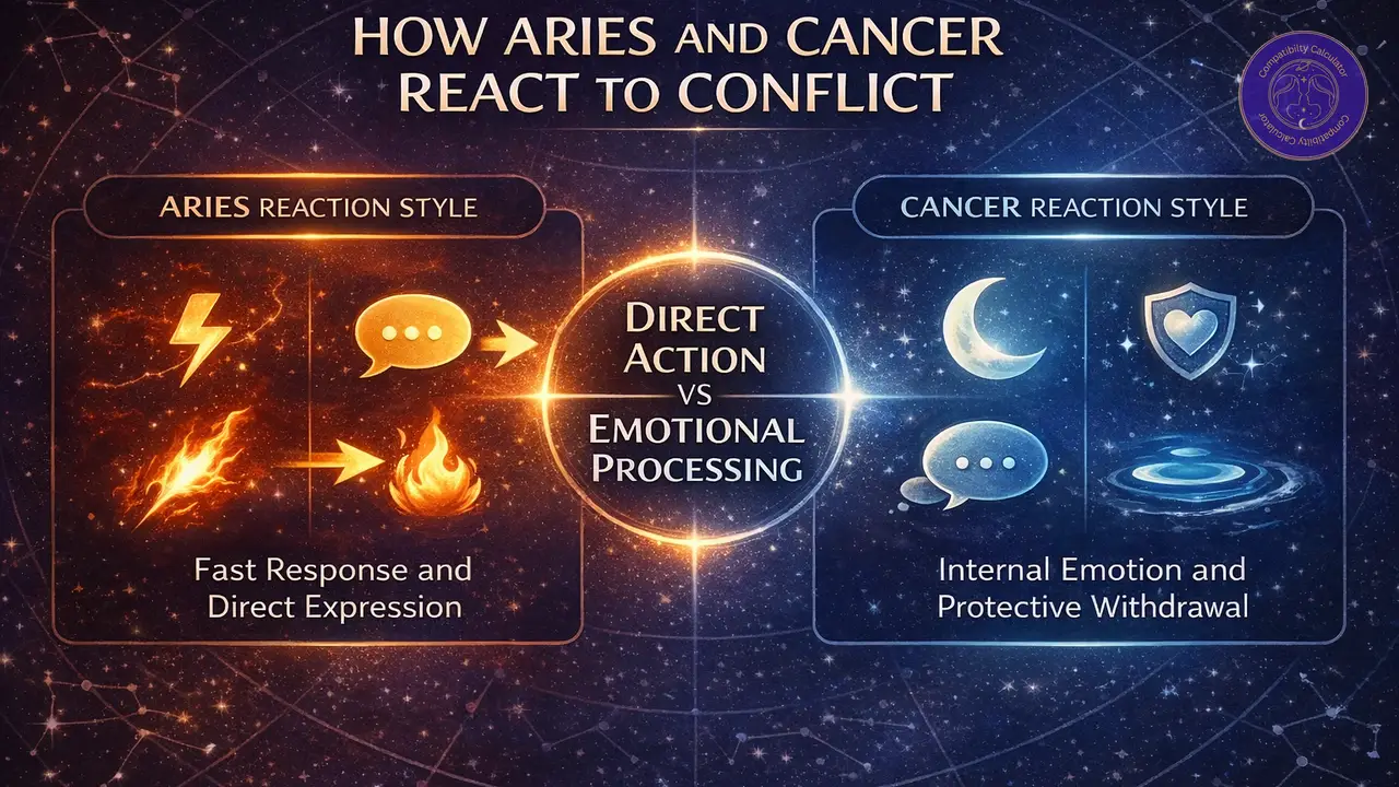 Aries and Cancer conflict styles showing direct confrontation and emotional withdrawal
