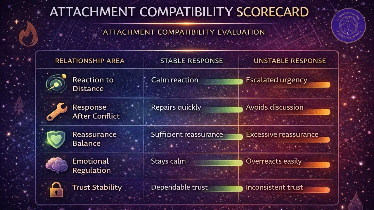 Attachment compatibility evaluation infographic showing anxious, avoidant, secure, and mixed relationship dynamics.