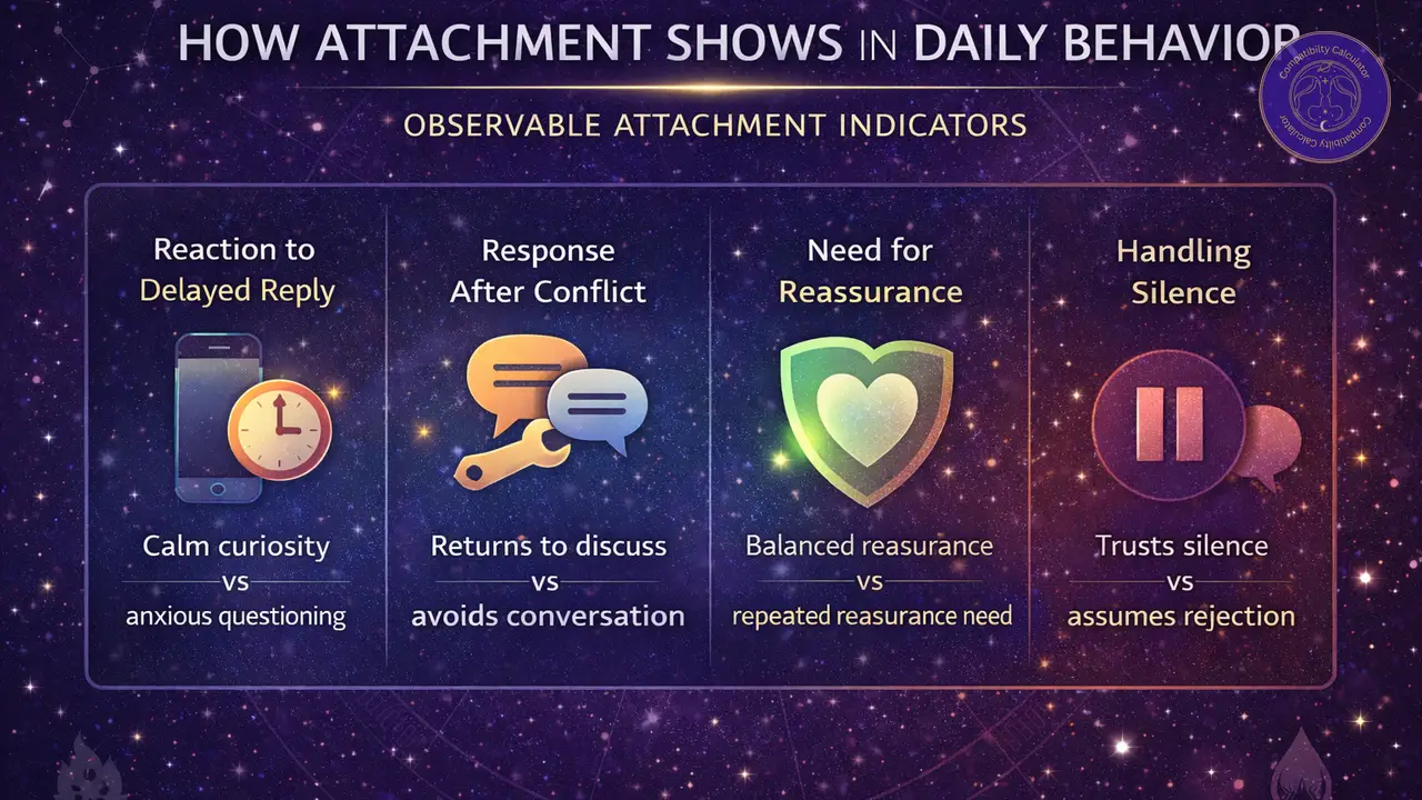 Attachment patterns and zodiac signs shaped by daily behavior, closeness needs, distance, and emotional security.