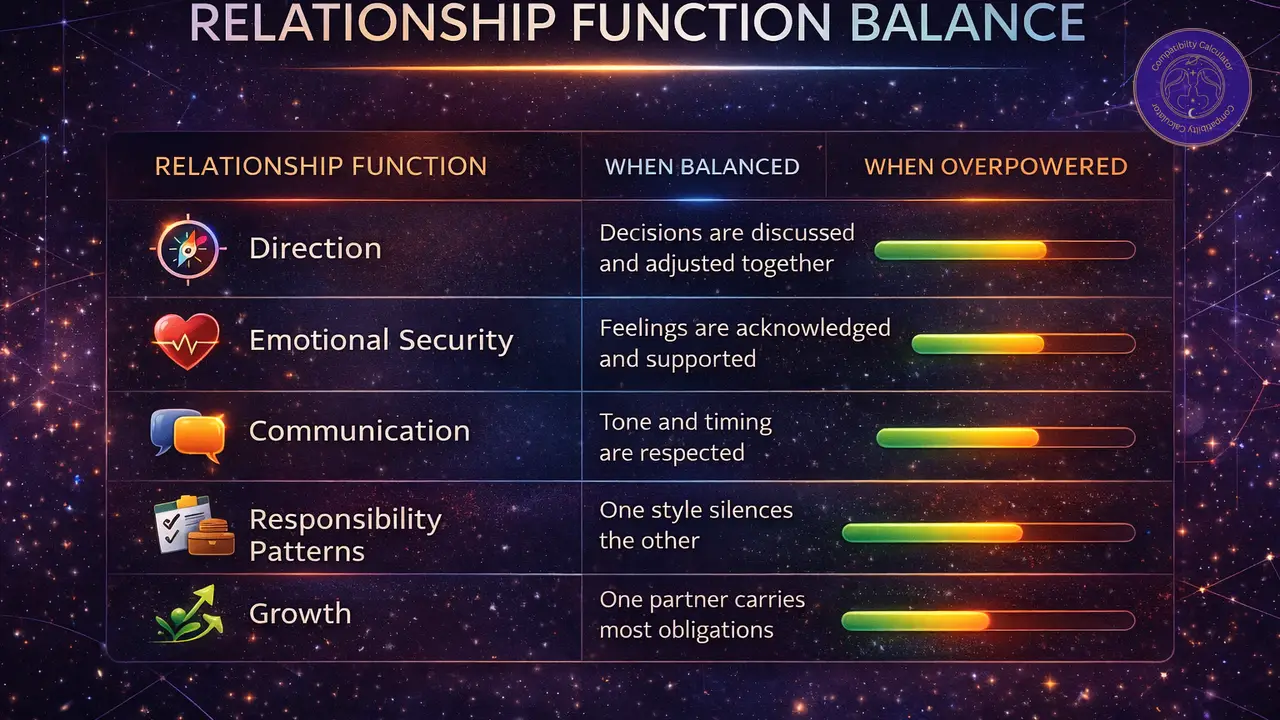 Balance of relationship dynamics through chemistry, stability, emotional safety, and shared direction across planetary influences.