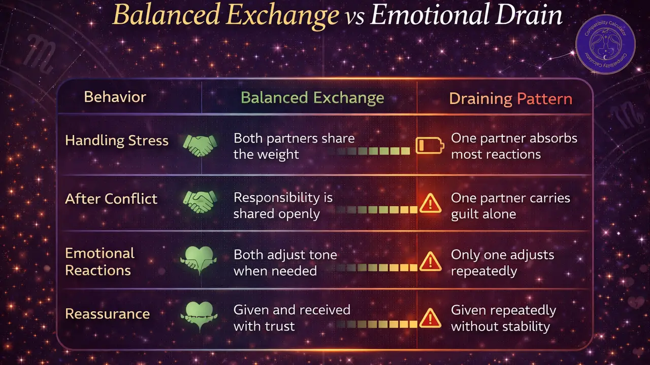 Balanced exchange versus emotional drain in relationships through repair effort, reciprocity, and emotional load.