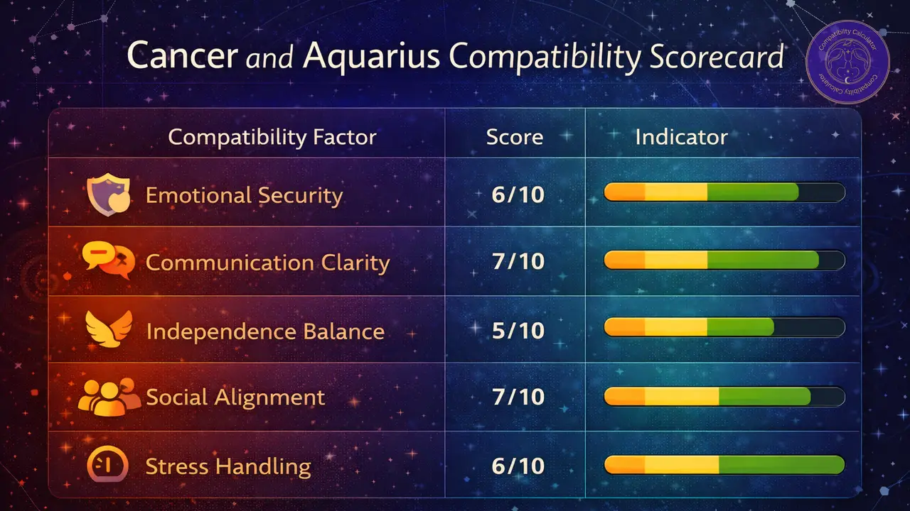 Cancer and Aquarius compatibility chart showing emotional security, communication clarity, independence balance, social alignment, and stress handling.
