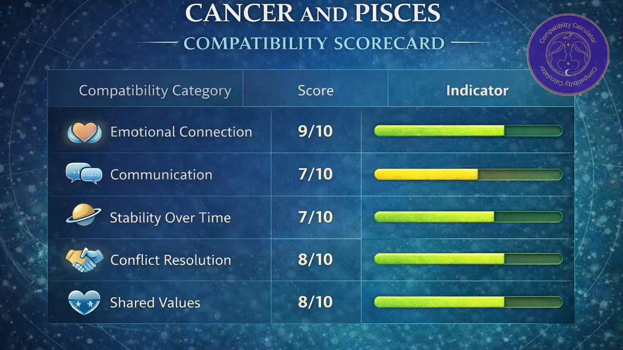 Cancer and Pisces compatibility infographic showing emotional connection, communication, stability, conflict healing, and shared values.