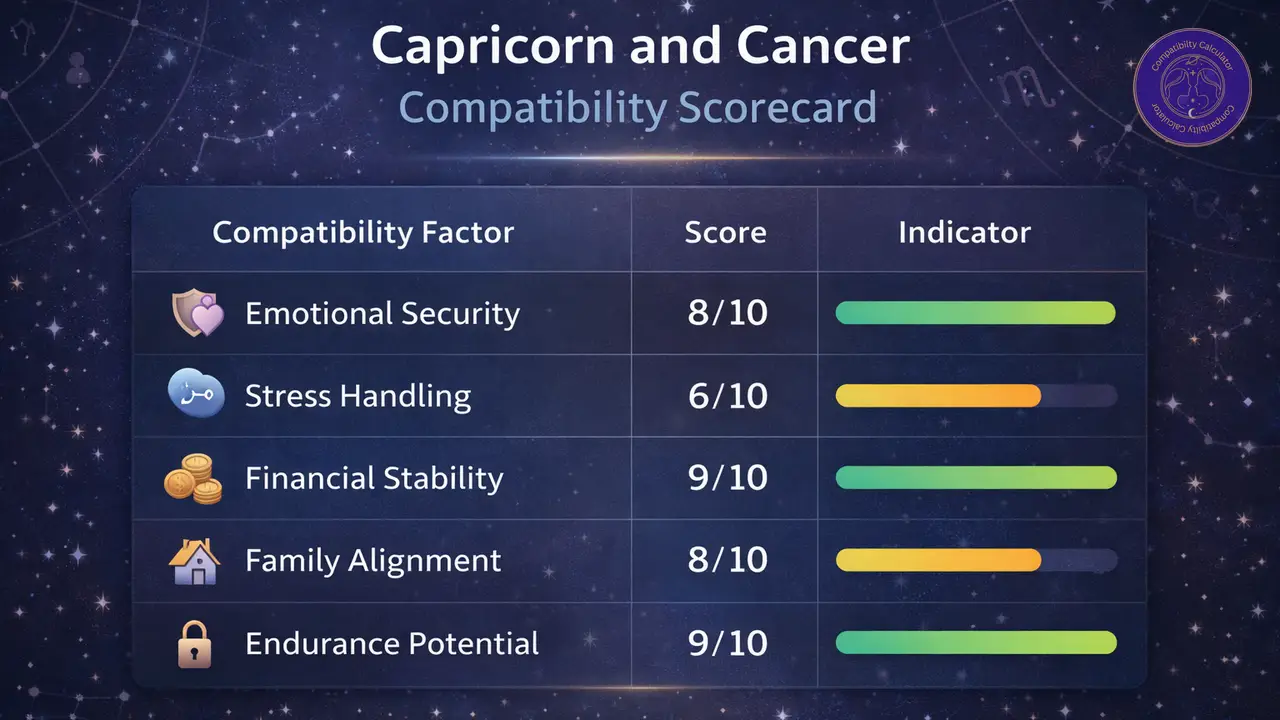 Capricorn and Cancer compatibility chart showing emotional security, stress handling, money habits, family alignment, and endurance.