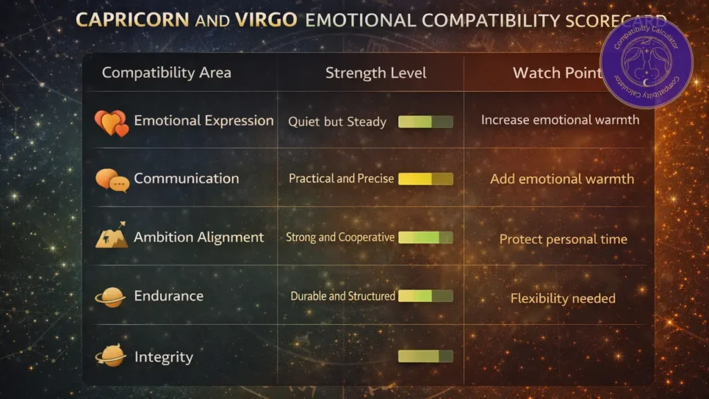 Capricorn and Virgo compatibility chart showing emotional rhythm, trust, and long term stability
