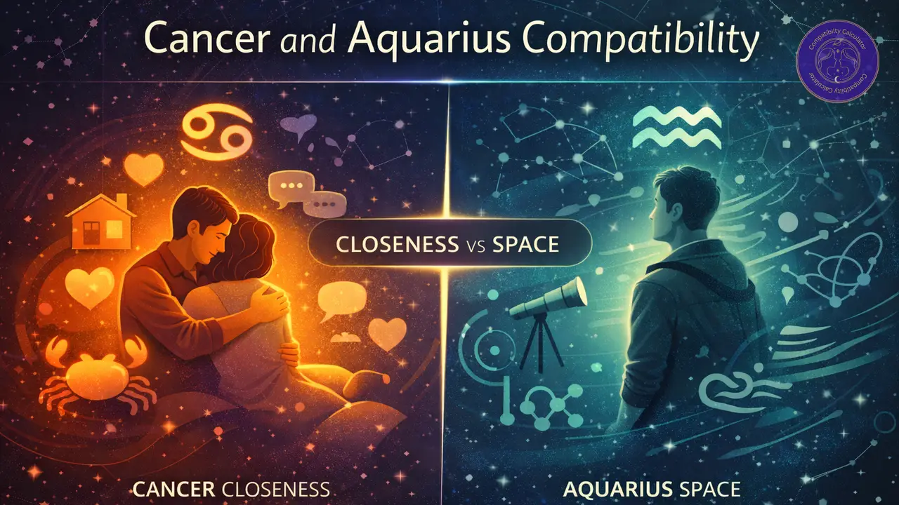 Cancer and Aquarius compatibility shaped by emotional closeness, personal space, reassurance, and distance during tension.