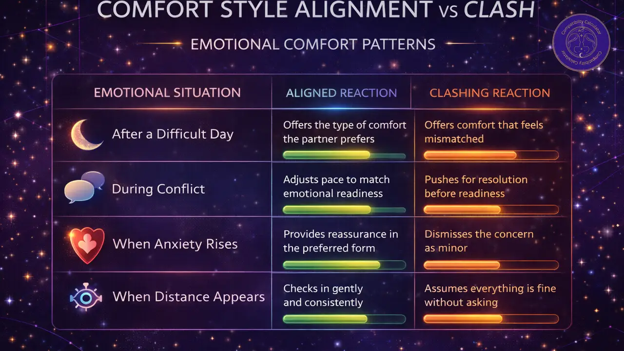 Comfort style alignment versus clash in relationships through emotional needs, repair, and reassurance patterns.