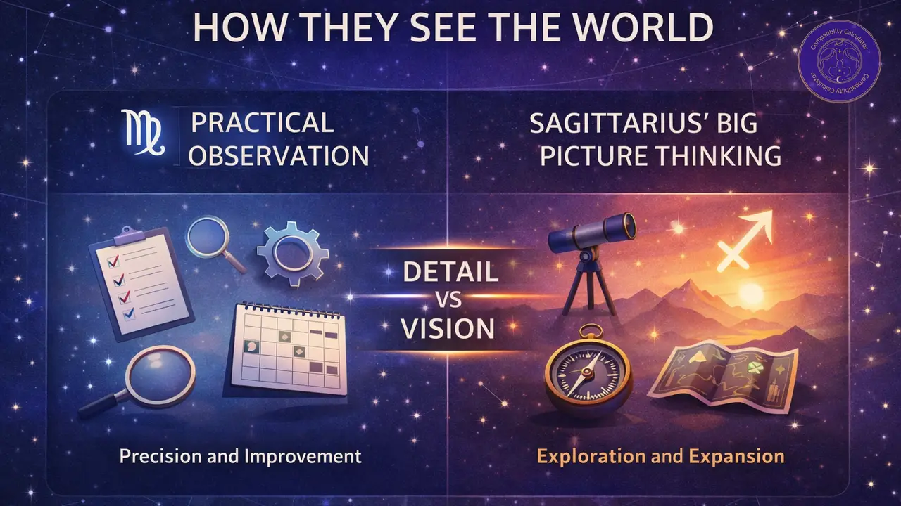 Virgo and Sagittarius comparing detail, correction, optimism, planning, and very different ways of moving through life.