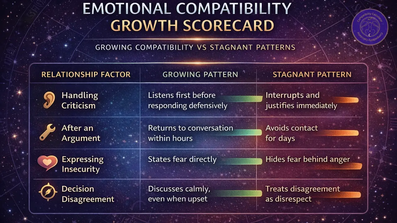 Emotional compatibility growth scorecard showing repair, emotional safety, accountability, and improvement over time.