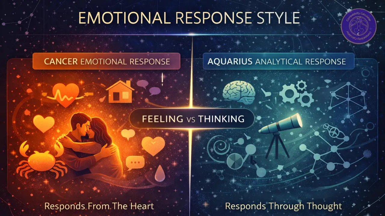 Cancer and Aquarius reacting differently to stress, silence, reassurance, and emotional timing in a relationship.