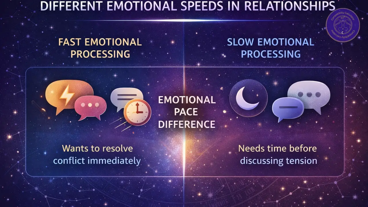 Different emotional speeds in relationships through reaction timing, vulnerability, and conflict processing.