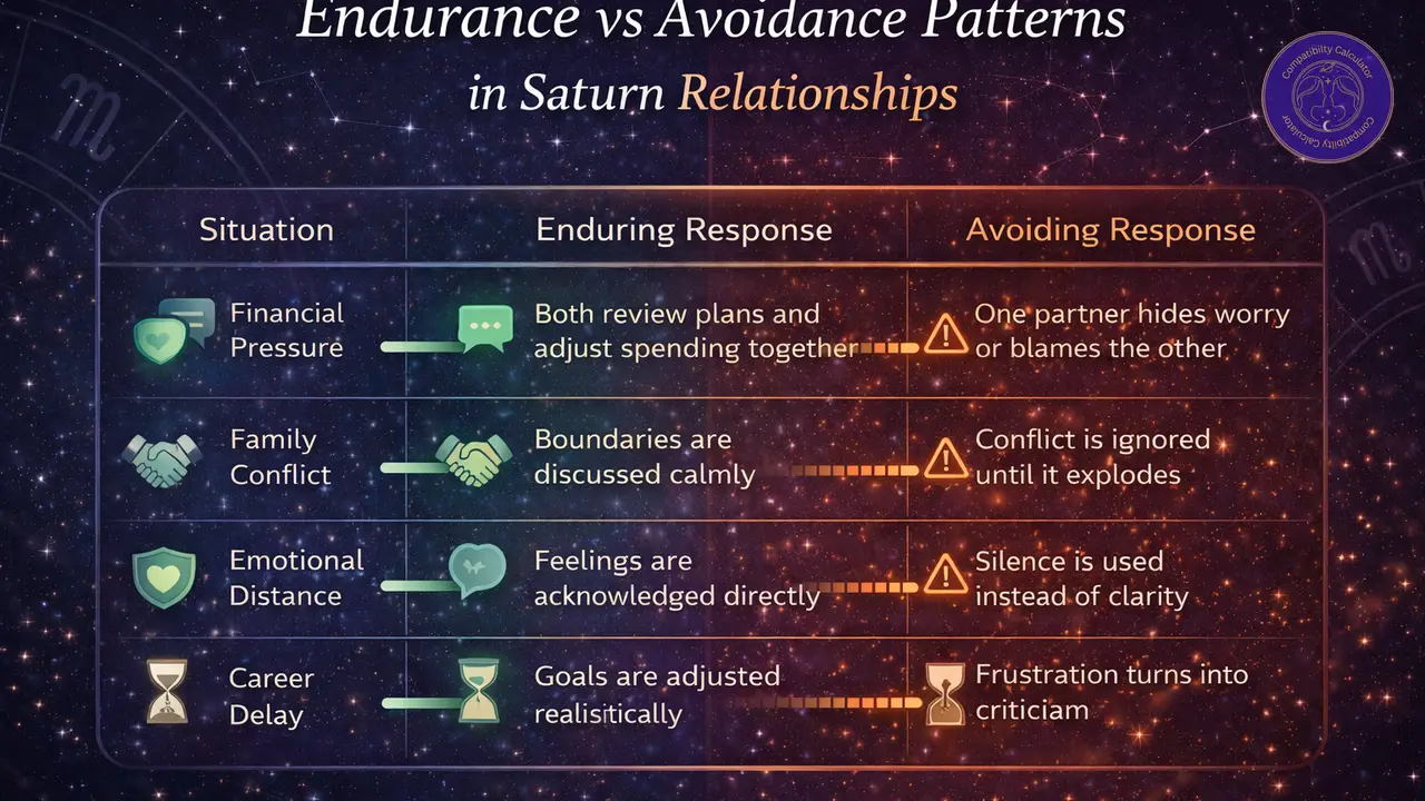 Endurance versus avoidance in Saturn relationships through pressure, lessons, responsibility, and long term outcomes.