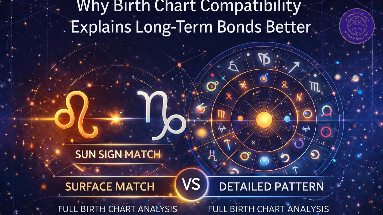Birth chart compatibility for long term bonds through stress handling, responsibility, direction, and emotional repair.