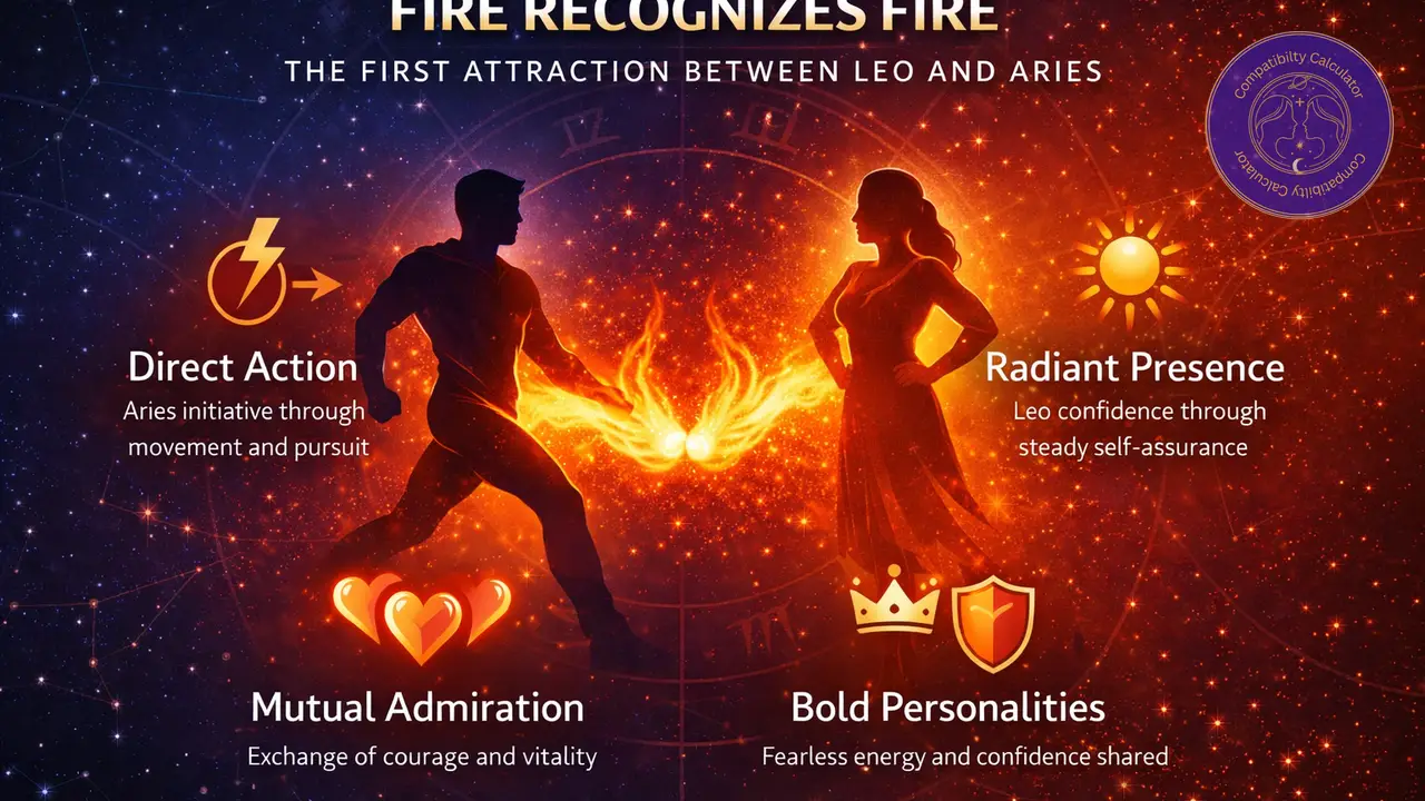 Leo and Aries compatibility shaped by fire, pride, confidence, instant attraction, and visible mutual admiration.