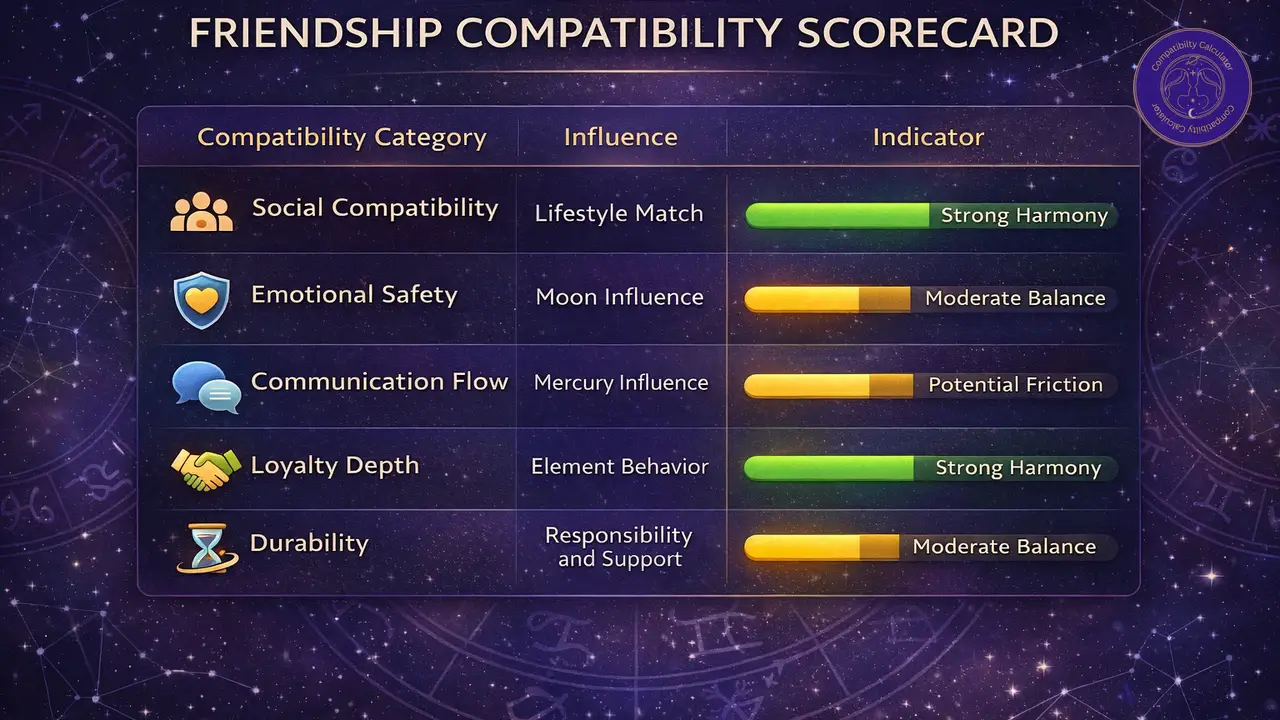 Friendship compatibility scorecard overview showing loyalty, communication, conflict repair, and long term social alignment.
