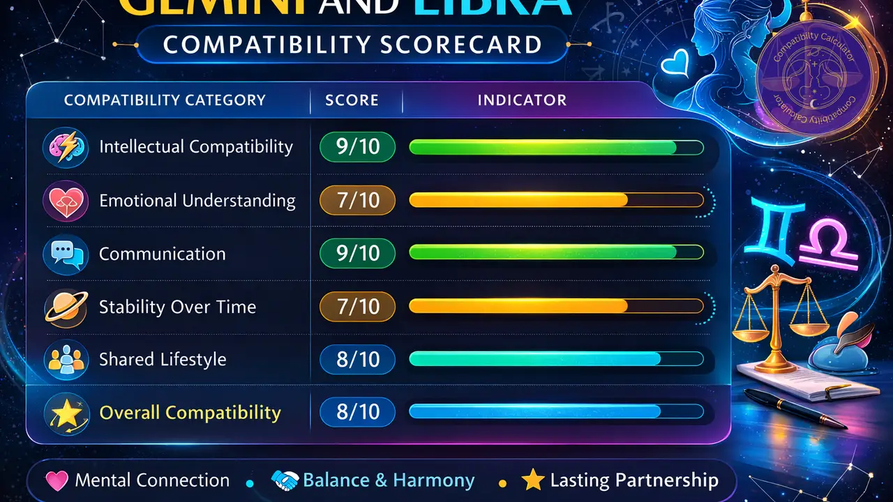 Gemini and Libra compatibility chart showing intellectual fit, emotional understanding, communication, stability, and shared lifestyle.