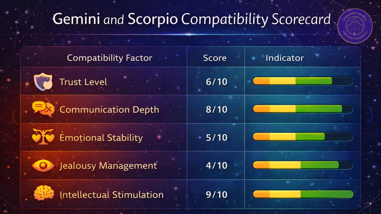 Gemini and Scorpio compatibility chart showing trust, communication depth, emotional stability, jealousy patterns, and mental connection.