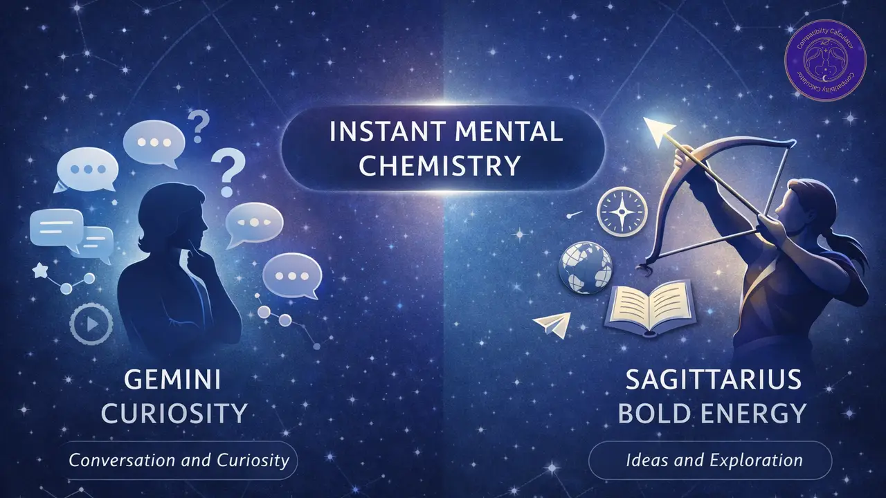 Gemini and Sagittarius building attraction through fast conversation, curiosity, and shared mental energy.