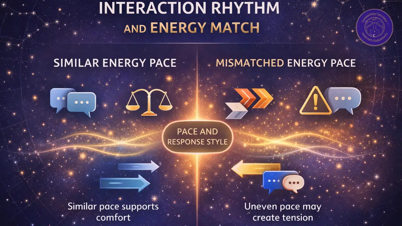 Relationship interaction rhythm and energy match through daily pace, emotional response, and communication style.