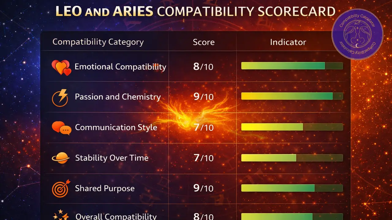 Leo and Aries compatibility scorecard showing emotional fit, chemistry, communication style, stability, and shared purpose.