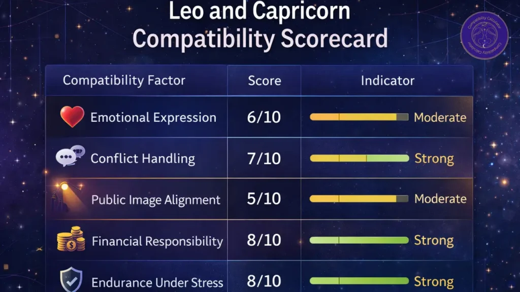 Leo and Capricorn compatibility chart showing emotional expression, conflict handling, public image differences, money discipline, and endurance under stress.