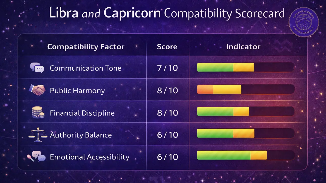 Libra and Capricorn compatibility analysis showing communication tone, public harmony, money discipline, authority balance, and emotional accessibility.