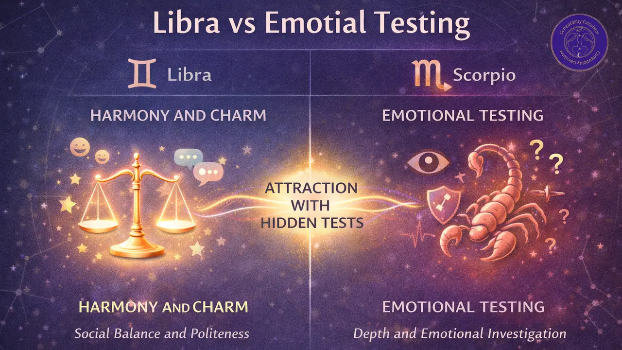 Libra and Scorpio attraction shaped by charm, emotional testing, curiosity, and guarded trust.