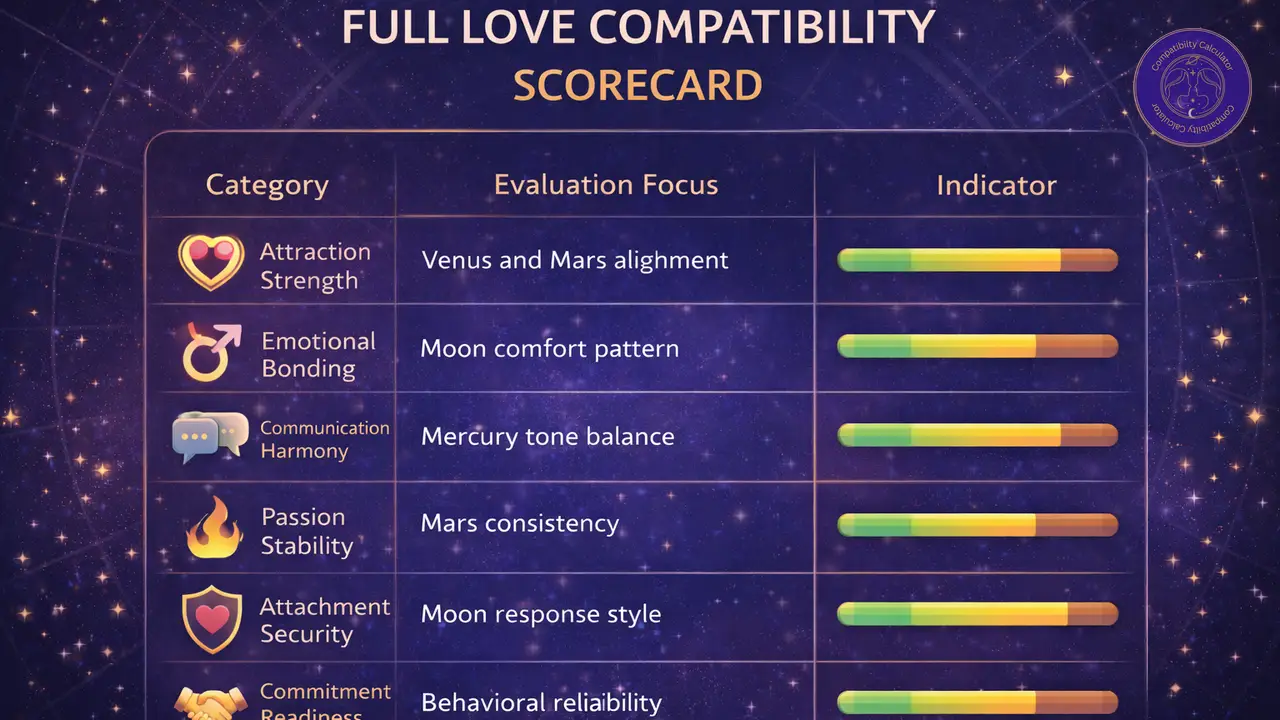 Love compatibility scorecard visual analysis showing chemistry, attachment, conflict, communication, and commitment potential.