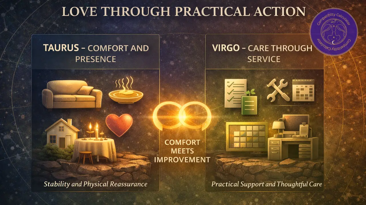 Taurus and Virgo expressing love through practical action, steady effort, thoughtful care, and daily reliability.