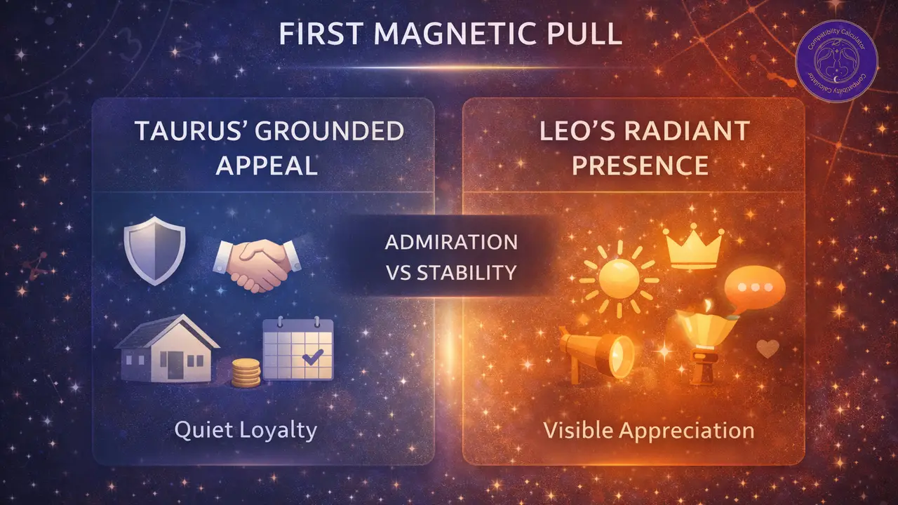 Taurus and Leo attraction pattern shaped by loyalty, pride, and visible admiration.