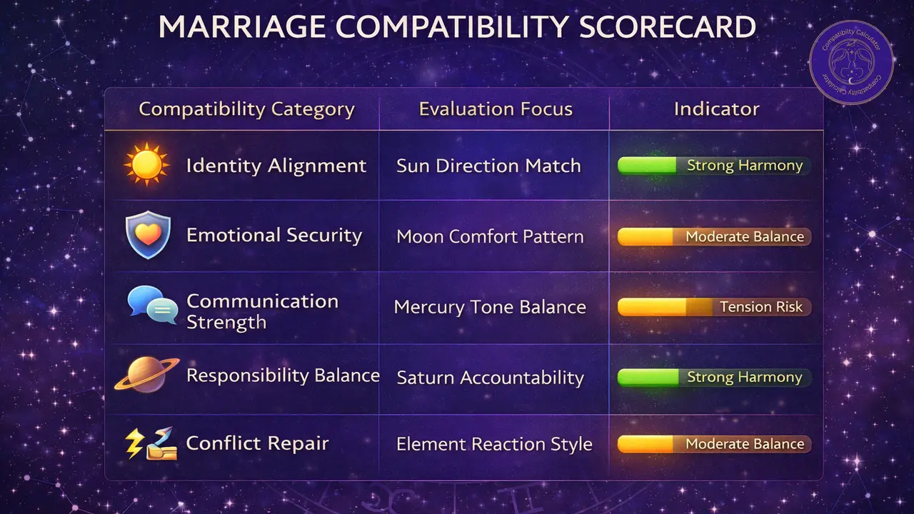 Marriage compatibility scorecard infographic showing communication, emotional fit, endurance, conflict handling, and family structure.