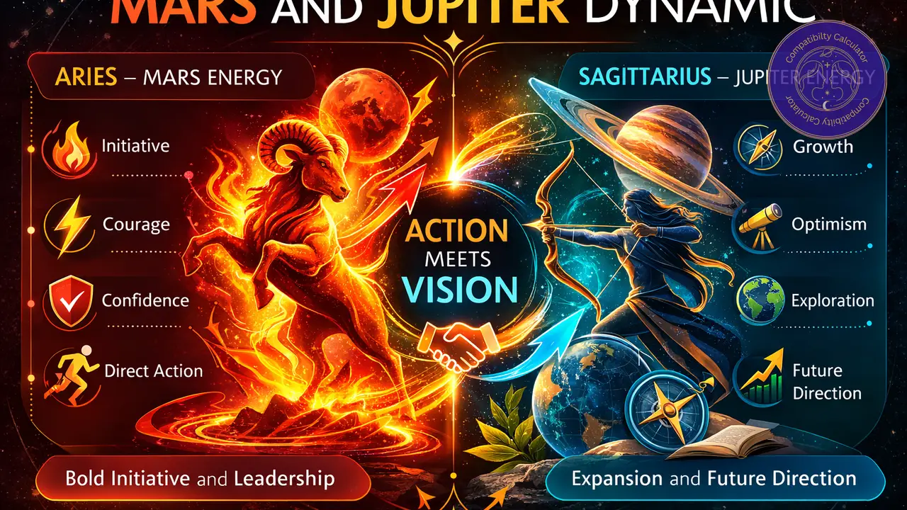 Aries and Sagittarius driven by Mars and Jupiter through action, expansion, courage, and shared momentum.
