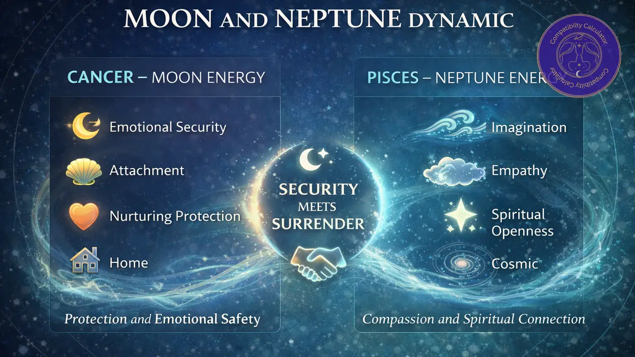 Cancer and Pisces relationship shaped by Moon and Neptune themes such as empathy, mood sensitivity, boundaries, and emotional healing.