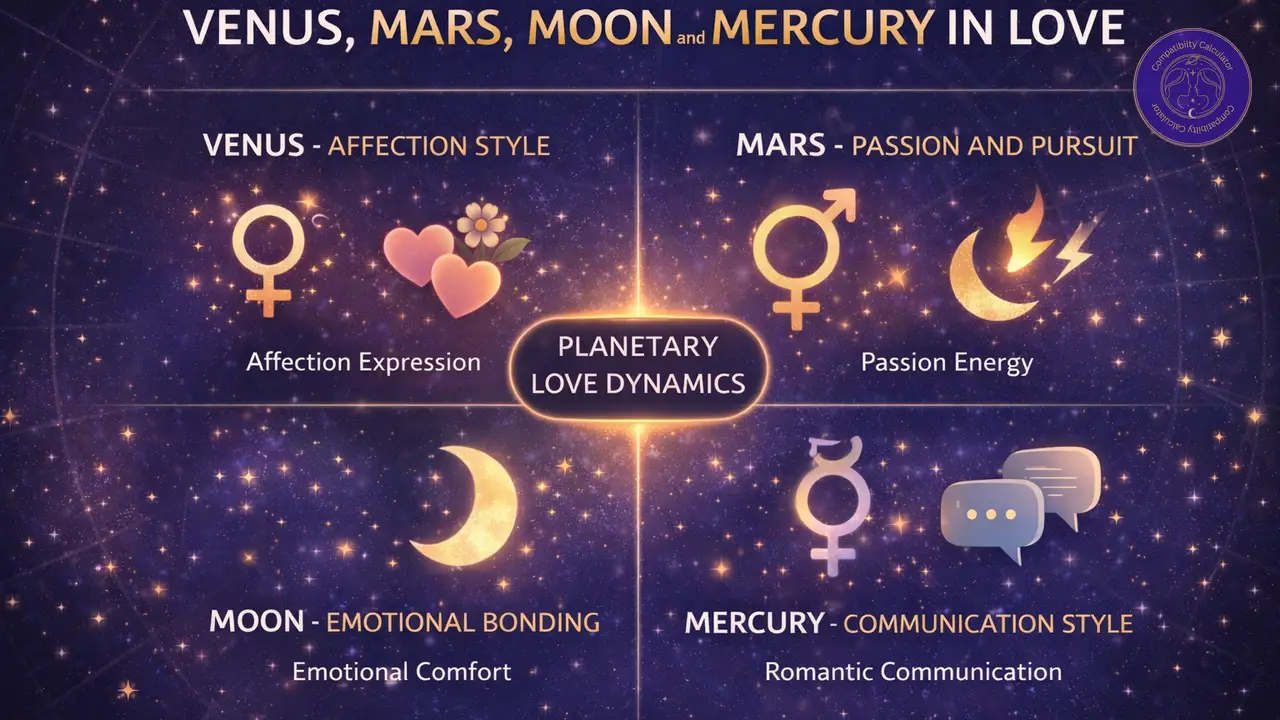 Planetary love dynamics explained through Venus, Mars, Moon, and communication patterns in romance.