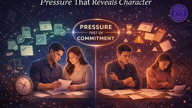 Saturn in long term and karmic relationships shaped by pressure, endurance, duty, and emotional testing over time.