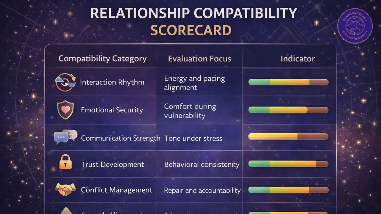 Relationship compatibility scorecard analysis showing trust, communication, conflict repair, growth, and stability over time.