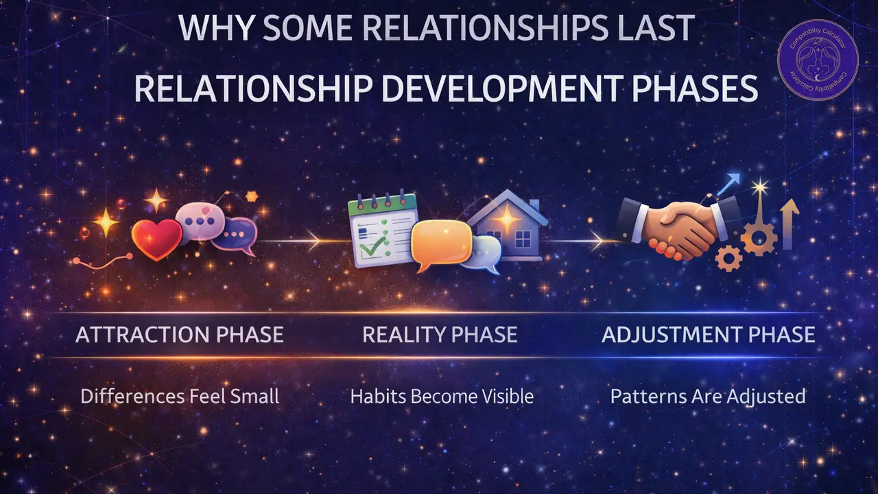 Relationship development stages in birth chart compatibility through attraction, adjustment, reality, and long term stability.