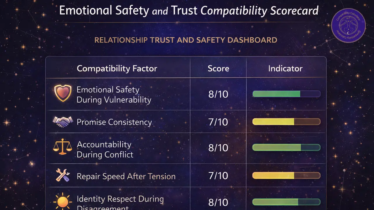 Relationship trust and safety dashboard showing reassurance, repair, consistency, and emotional security patterns.